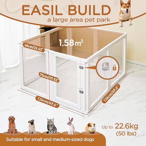 Citylife 8-TLG Welpenauslauf 75cm hoch, Hundelaufstall faltbar mit Tür, XXL Hundegehege Wohnung, Laufgitter für Hunde, Katzen, Kaninchen, Kleintiere, Transparent,120LX120WX75HCM