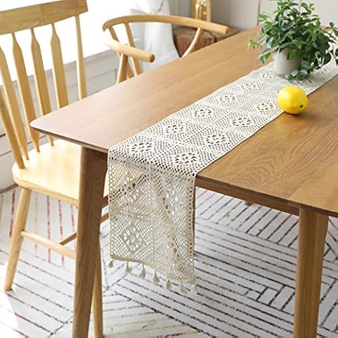 Katzinst Beige Macrame Table Runner Rectangular Crochet Lace Elegant Hollow Mesh Table Runner with Tassels for Rustic Boho Wedding Decor Bridal Tabletop Decor (24 x 160 cm) Cover