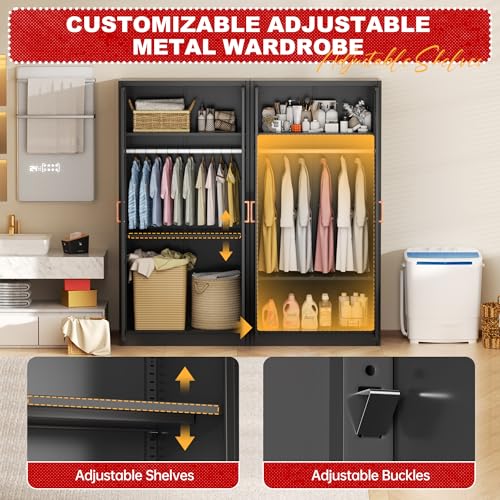 Superday Metal Wardrobe Closet, 72" H Bedroom Armoires with Wooden Handle, Storage Cabinet with Adjustable Shelves and Hanging Rods, Steel Storage Locker Closet for Home, Office, Employee, Gym (Black) - Image 5
