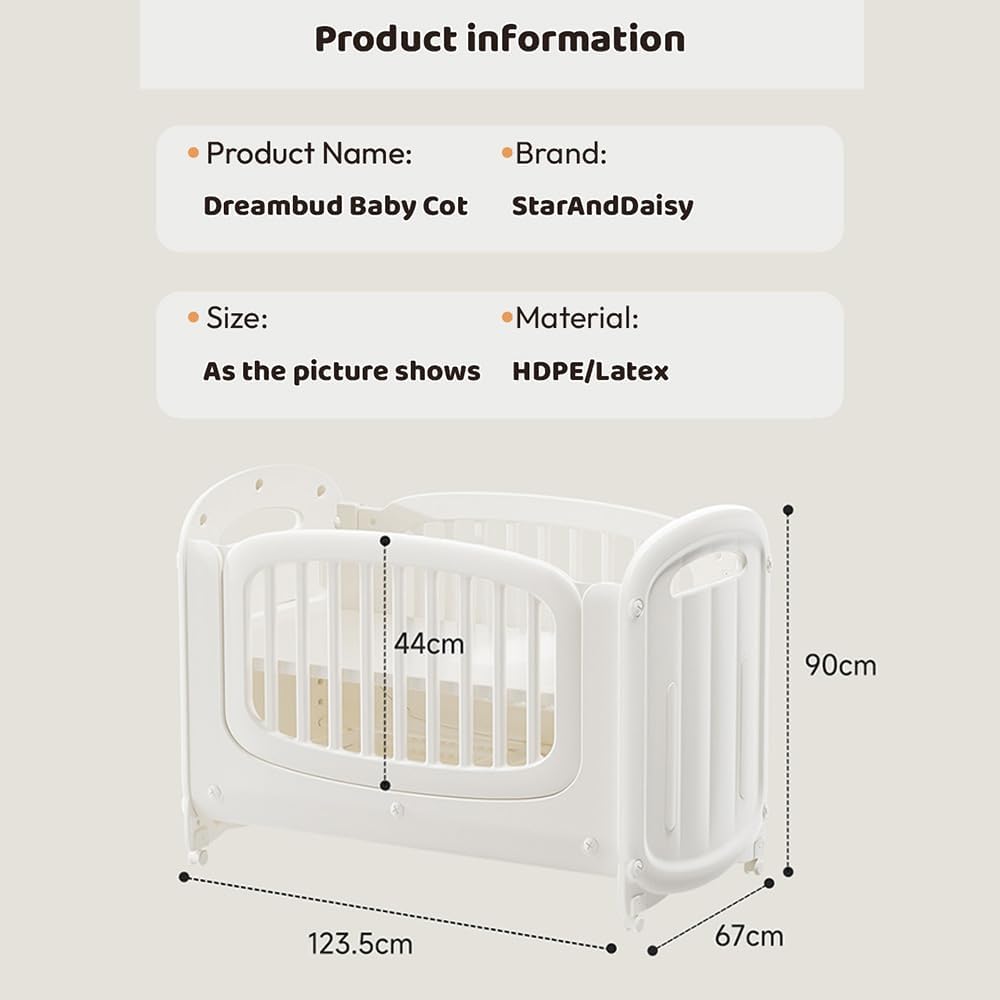 StarAndDaisy Baby Cot with Wheels / 100KG Heavy Duty PP Baby Crib/Waterproof & Termite Resistant/BPA-Free Newborn Baby Bed/Portable Infant Sleeping Cot -White (Dreambud-White)