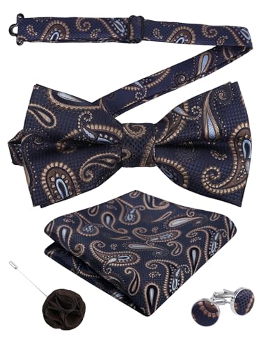 Image of Alizeal Mens 4pcs Vintage Paisley Bow Tie Set | Pre-tied Pocket Square Cufflinks Boutonniere for Wedding Everyday Use
