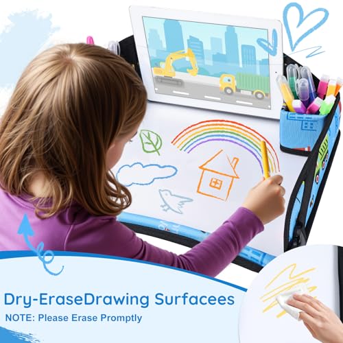 Image of Kids Travel Tray, Kids Travel Trays for Car Seat, Road Trip Essentials for Toddler, Carseat Lap Tray with Dry Erase Board & Storage Organizer for Road Trip Activities for Kid, Light Blue