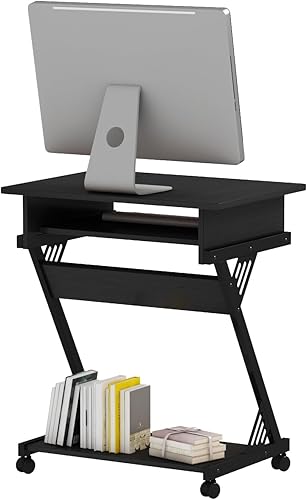 Miniatura 7 de Escritorio para computadora con bandeja para teclado, escritorio pequeño con ruedas de 23.6 pulgadas, carrito de computadora con almacenamiento,