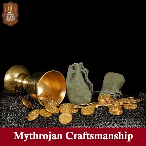 Image of Pack of 2 Mythrojan Small Trinket Pouches Suede Leather Drawstring Coin & Dice Bags for LARP, SCA, Viking & Medieval Events, Color : Dark Green