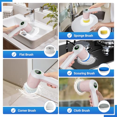 Image of PUFTEM Electric Spin, Cordless Shower Scrubber with Battery Level Display, 2 Speeds Electric Scrubber for Cleaning with 6 Replaceable Heads, (Pink)