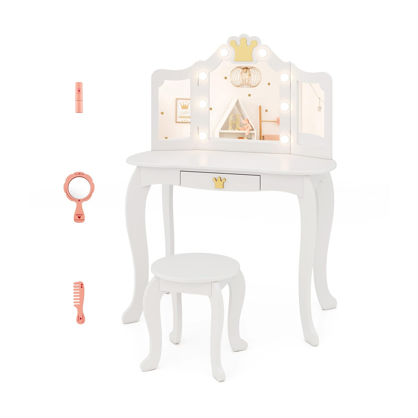 COSTWAY Set Toeletta Trucco per Bambina con Sgabello, Tavolo Trucco Triplo Specchio Staccabile con Luci LED a 3 Colori, Postazione Trucco con Cassetto e Accessori, per Bambine 3-7 Anni (Bianco)