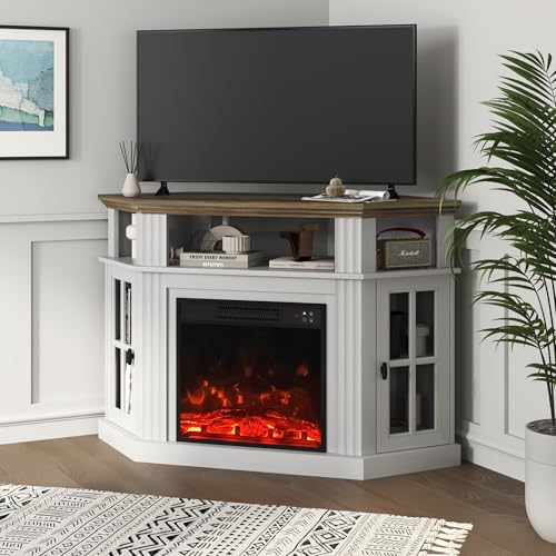 Image of YESHOMY Corner Fireplace TV Stand for Television up to 55 inch with Storage Cabinets, Entertainment Center, Media Console for Living Room, Bedroom, White&Rustic