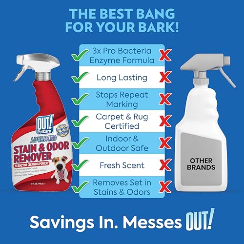 Image of OUT! PetCare Pet Odor & Stain Remover Spray, Carpet & Floor Cleaner, Deodorizer for Dogs & Cats, Made in USA, 32 fl oz (6 Pack)