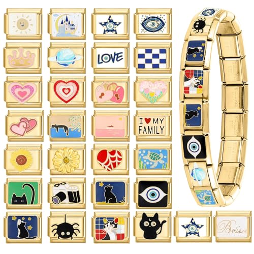 papasgix Italian Charm Bracelet Charms Gold Set with Blue Assorted Charms Opening Tool 9mm Modular Italian Charm Bracelet Links Bulk Pack Handmade DIY Jewelry2