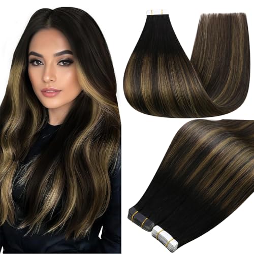 Image of Full Shine Tape Hair Extensions Real Human Hair 12Inch Color 1B Black Ombre 6 Brown Highlight 1B Tape in Human Hair Extensions Double Sided Tapes ins 30Gram 20Pcs Seamless Invisible Straight Hair