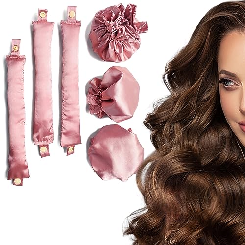 3Sets/6PCS Ariuvor New Satin Heatless Hair Curler Hair Rollers for Heatless Curls with Hair Caps Soft Heatless Curling Rod Headband for Long Hair No Heat Curling to Sleep in Overnight (pink)