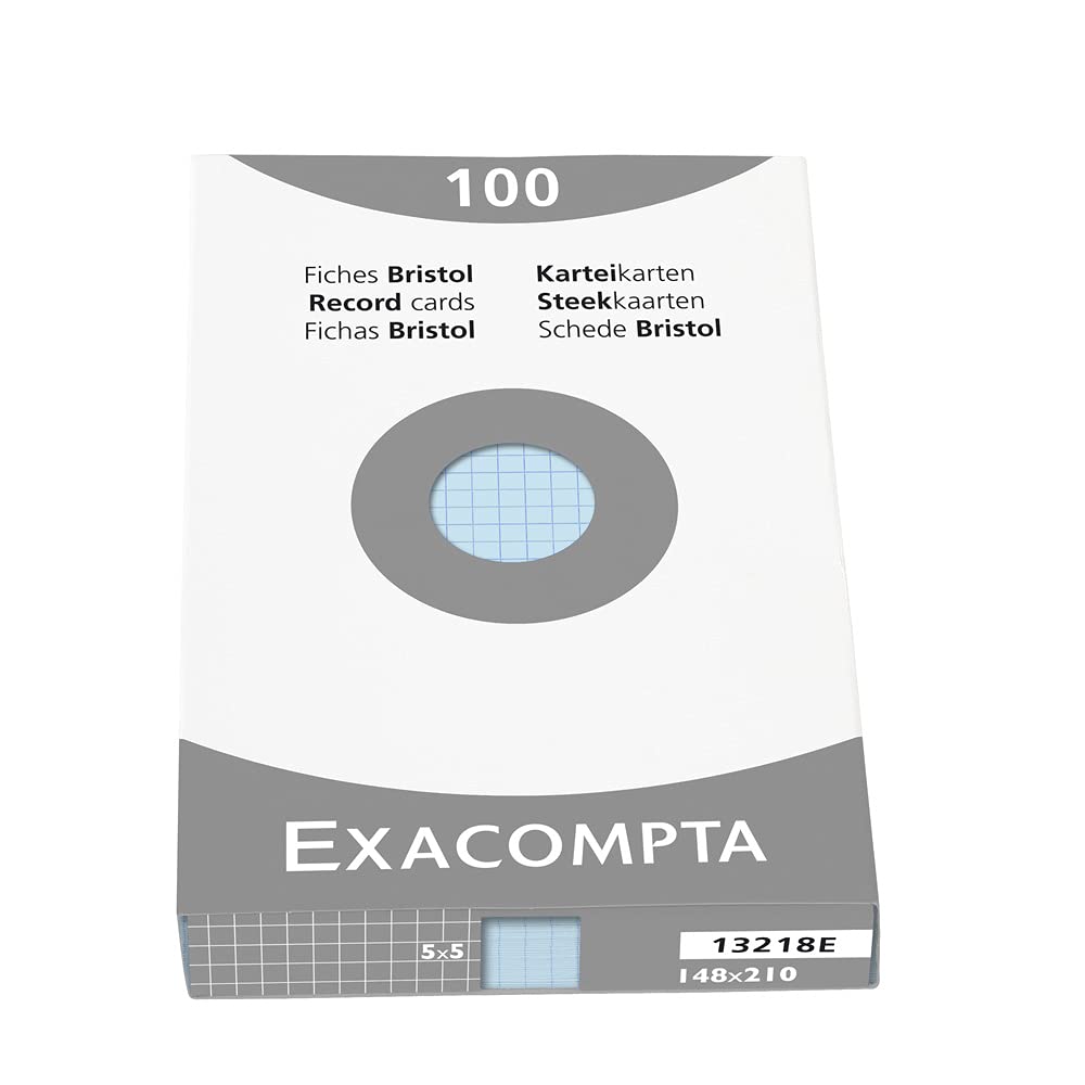 Exacompta - Ref 13218E - Bristol Squared Record Cards (Pack of 100) - A5 in Size, 205gsm Card, Compatible with Printers - Suitable for Exam Revision & Notes - Blue