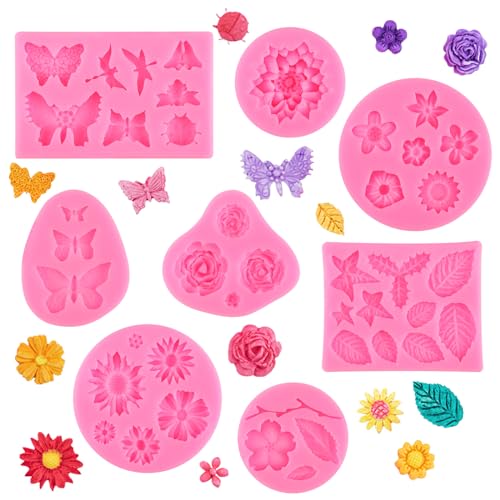 RISF 8 Stück Silikonform Blumen, 3D Silikonformen Blumen, Mini Silikonform Fondant, Silikonformen Backen, Silikonform Rose Herstellung für Pralinen, Fudge, Kuchen, Kekse und Handgemachte Seifen