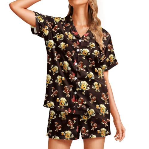 Image of Funny Satin Pajamas Set for Women Button Down Sleepwear Print Pjs Set 2 Piece Short Sleeve Loungewear Gift for Women
