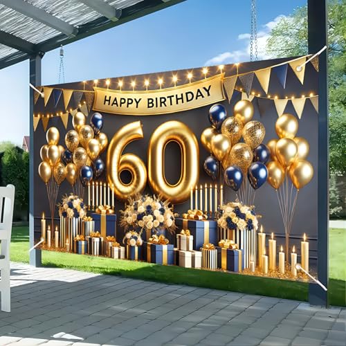 Image of BlissYard Happy 60th Birthday Backdrop Gold and Navy Blue Balloon Banner Birthday Sign Photography Background 60 Year Birthday Party for Women Birthday Party Decorations Photo Booth 71x 43 Inch