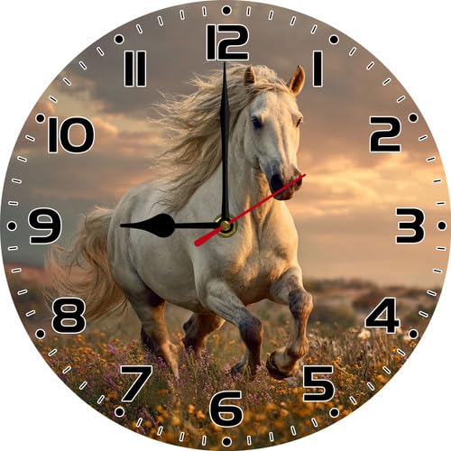 Geroclonup Horse Wall Clock 25cm Round Wooden Battery Operated Non Ticking Clocks Silent Art for Bedroom Kitchen Home Decor