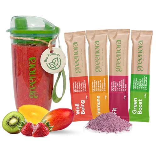 GREENORA Shaker + Smoothie Bowl Fruits Lyophilisés Poudre 100% Naturel. Mangue Banane Fraise Framboise Betterave Myrtilles. Séchée Déshydratée 4x24g