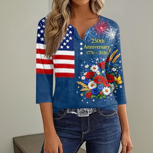 Image of 4th of July Shirts Women 3 /4 Length Sleeve Womens Tops Henley Neck Casual Patriotic T Shirts