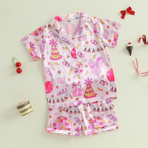 Kuriozud Birthday Girl Pajamas Silk Stain Pjs Shirt Tops+Shorts 2Piece Set Birthday Toddler Kids Little Girl Nightgown Gift3