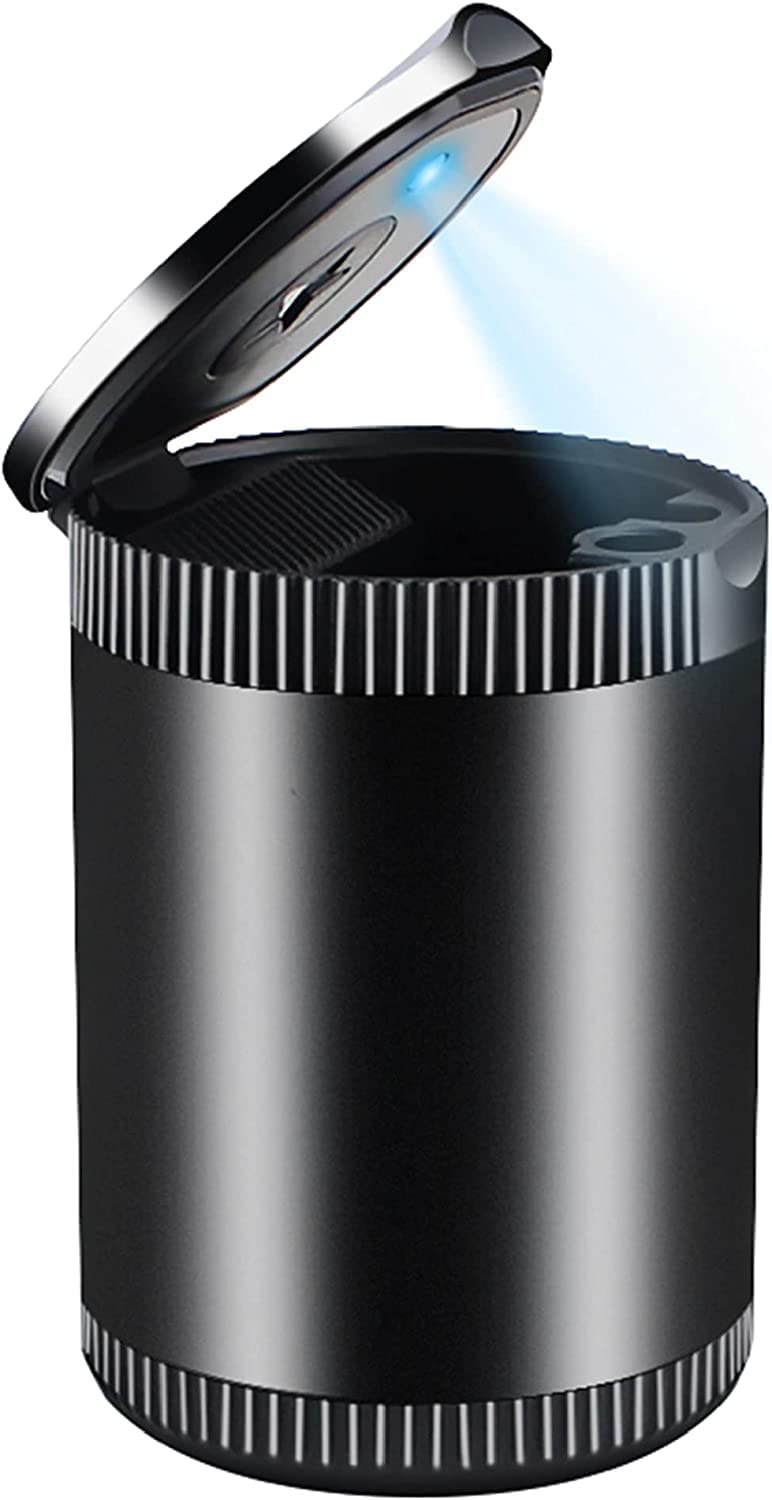 Auto Car Ashtray Portable with LED Light Ashtray Smokeless Smoking Stand Cylinder Odor Remover Smoke Diffuser – Black