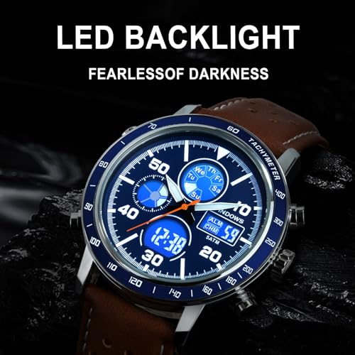 Image of PINDOWS Watch for Men Black Brown Analog Digital Sport Multifunction Luminous LED Dial Waterproof Watches Fashion Wristwatches