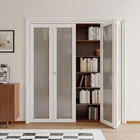 JuJuBon Bifold Doors for 72"x 80" (Double 36x80 Doors) Opening, Tempered Frosted Glass Bifold Closet Doors with Sliding Hardware Kit, Interior Bi Fold Doors for Pantry, Solid Build Quality Cover