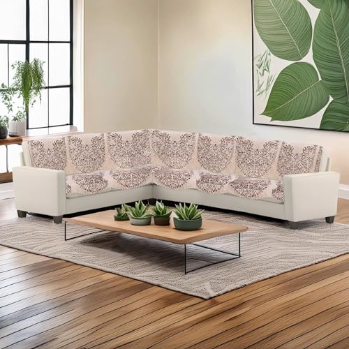 Image of Premium Chenille Woven Anti-Slip 6 Seater L-Shape Sofa Cover | L-Shape Sofa Seat Protector for Living Room | Durable & Stylish Slipcover - Beige Phoolkari