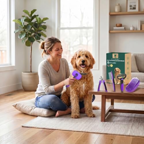 Image of Self Cleaning Slicker Brush for Dog Shedding & Deshedding Grooming | Fluff & Detangle Short Long Hair, Ideal for Dogs & Cats Heavy Dense Wavy Curly Coats to Easily Prevent Severe Matting at Home