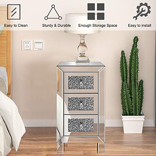 Mtfy Mirrored Nightstand With 3 Drawers,Mirrored End Tables Bedside Table,Mirrored Accent Table,Smooth Mirror Finish With Crystal-Style Knobs For Bedroom, Living Room, Silver #TOP6