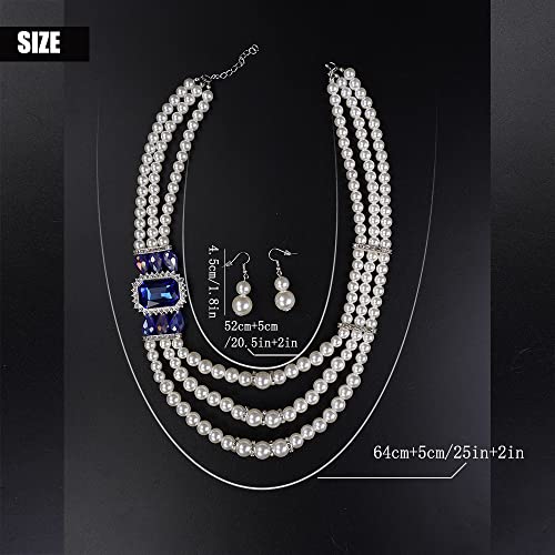 Aimimier 1920s 3-strand White Faux Pearl Necklace and Earrings Set Royal Blue Crystal and Rhinestone Chunky Collar Bib Pearl Statement Necklace4