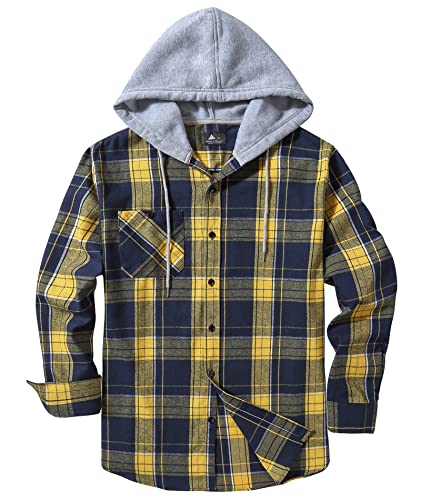 Hooded Flannel Plaid Shirt for Men Long Sleeve Casual Regular Fit Button Down Shirts with Chest Pockets
