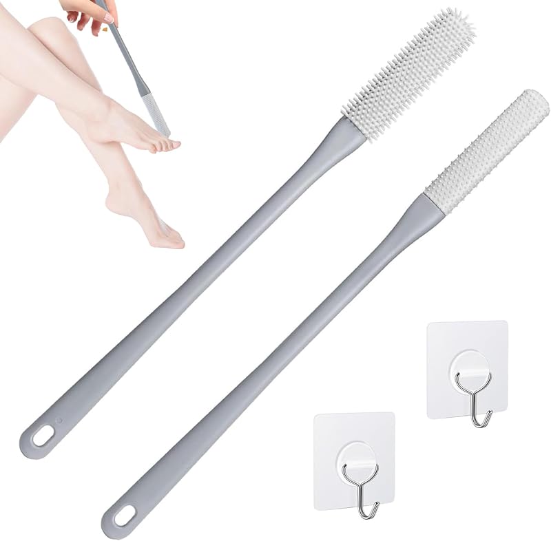 Escova para Limpeza dos Dedos dos Pés Fivaran com Cabo Longo de 40 cm, Silicone, Cinza, Pacote com 2