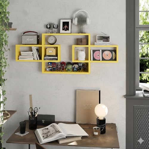Image of Wooden Wall Shelves for Living Room, Bedroom Wall Mounted Rectangle Bookcase, Intersecting Wall Shelves for Storage Modern Decorative Display Shelves for Wall Decor (Yellow)