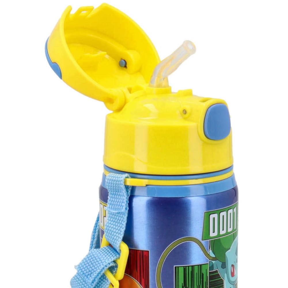 Botella de aluminio con pajita 600 ml botella con apertura automática para niños (Pokémon)
