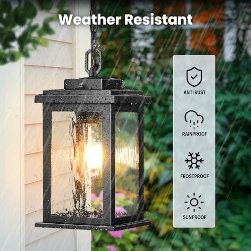 Image of Gleamz Dusk to Dawn Outdoor Pendant Lights for Porch with Water Glass | Black Waterproof Aluminum Hanging Porch Light with Adjustable Chain, Outside Chandelier for Porch, Patio, Driveway, 1 Pack