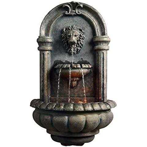 Teamson Home 32.1 in. Wall-Mounted Lion Head Stone LED Outdoor Water Fountain for Gardens, Landscaping, Patios, Balconies, Lawns to Create a Calming Oasis in Outdoor Living Spaces, Antique Bronze Cover