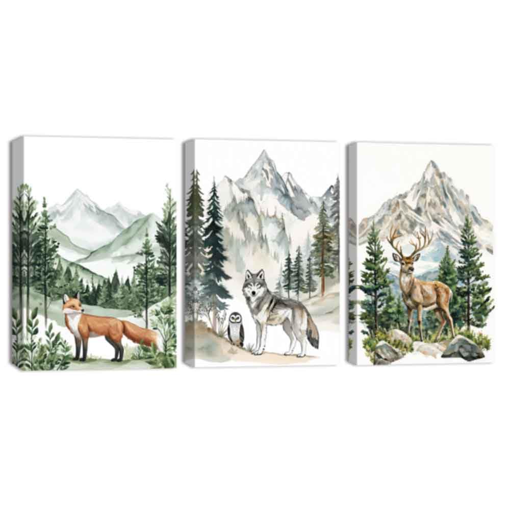 ZQQART 3 Pieces Woodland Nursery Animal Wall Art Deer Bear Fox Canvas Painting Art Forest Wild Animals Picture Prints Kids Room Decor Framed(Brown,16.00"x24.00"x3Pcs)