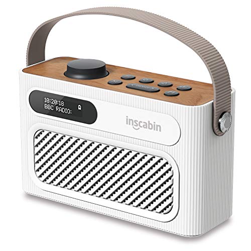 Inscabin M60 Tragbarer DAB/DAB + FM-Digitalradio/Tragbarer drahtloser Lautsprecher mit Bluetooth/Stereo-Sound/Doppellautsprecher/Doppelwecker/Subwoofer/Akku/Schönes Design (Weiß)
