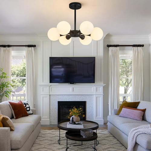 Image of Modern Ceiling Light with Milk White Glass lampshade Black Semi Flush Mount Ceiling Light Fixture Sputnik Chandelier for Bedroom Living Room Dining Room Foyer Hallway(6-Lights)