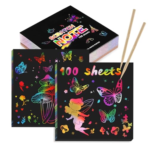 Kesote Carte a Gratter Enfant 100 Feuilles Dessin Gratters Papier Arc-en-Ciel Bricolage Enfant Cahier Dessin avec 2 Stylets en Bois Scratch Art pour Écriture, Jeux,...