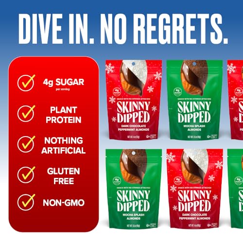 Image of SkinnyDipped Peppermint and Mocha Splash Almonds Variety Pack Bundle, Healthy Snack, Plant Protein, Gluten Free, 3.5 oz Resealable Bags, Pack of 5, Limited Edition