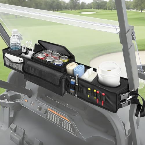 CLUBRALLY Golf Cart Front Storage Basket - No-Drilling Foldable Golf Cart Storage Tray with 5L Insulated Cooler Compartment - for EZGO TXT/RXV Club Car DS/Precedent/Tempo Yamaha G29 & Drive