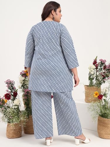 Image of Tissu Women's Plus Size Pure Cotton Red Asymmetrical Top with Trouser Co-ord Set