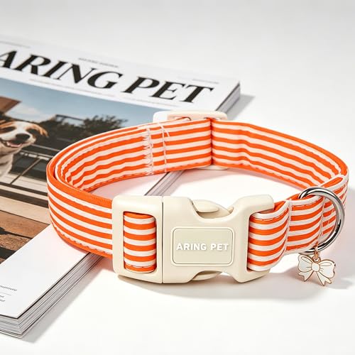 Image of ARING PET Orange Striped Dog Collar for Small Medium Large Boy Girl Dogs-XS | Cotton Fall Winter Puppy Pet Collar for XS S M L XL Dogs, Soft Sturdy Comfortable, Daily Wear Park Play Neighborhood Stroll