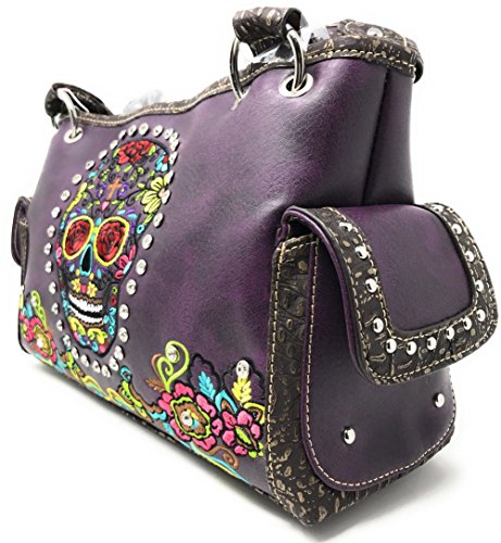 Texas West Women's Embroidered Sugar Skull Handbag Purse Wallet Set in Multi Color (Purple)3