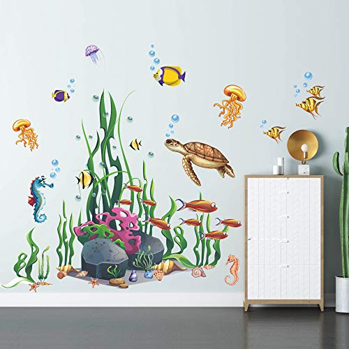 Ouboya Colorful Undersea World Wall Decals Ocean Wall Stickers Turtle Seaweed Wall Decal - Removable Vinly Decal Mural Wall Art For Kids Bedroom Kindergarten Nursery Wall Decor #TOP3