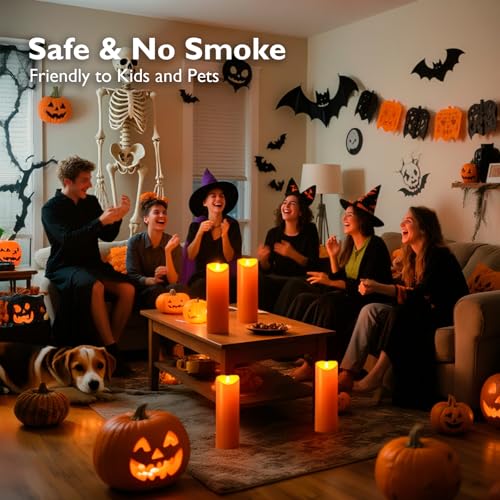 Image of Homemory 4 inchx12 inch Halloween Orange Flameless Candles, Fall Candles, Outdoor Waterproof Flameless Candles with Remote and Timers, Battery Operated LED Pillar Candles, Won't Melt Plastic, Set of 2