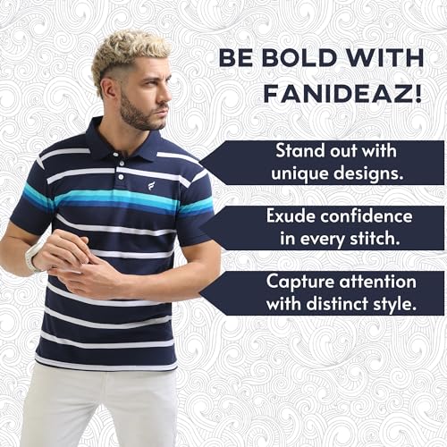 Image of fanideaz Mens Cotton Half Sleeve Striped Relaxed Fit Polo T Shirt With Collar 5005Navy S Ocean Blue