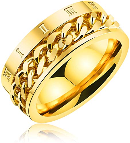 Rockyu メンズ リング ステレンス製 回転可能なチェーンテザン ローマ数字 ゴールド 男性指輪 21号