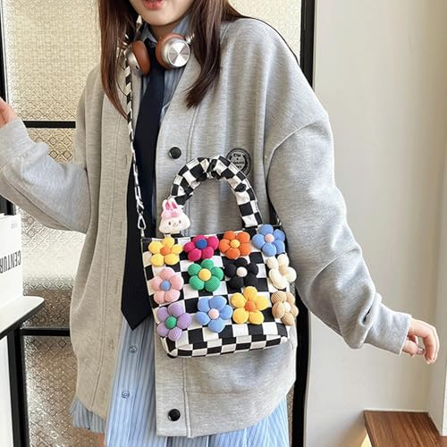 Checkered Crossbody Bag Cute Flower Checkered Bum Tote Bag with Charm Bum Bags for Women Alt Trendy Canvas Shoulder Bags2